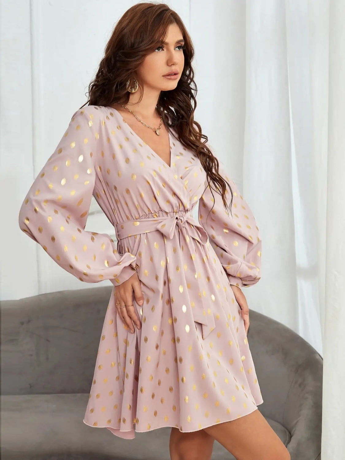 Tied Printed Surplice Long Sleeve Dress Shop One Place