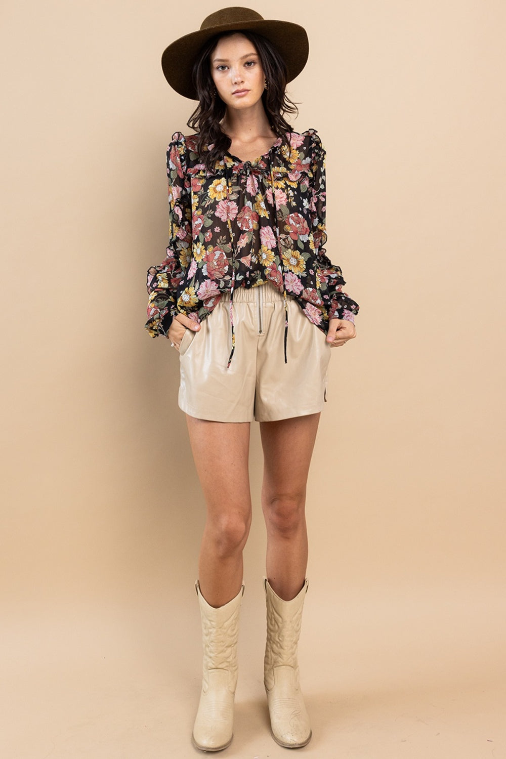 Ces Femme Ruffle Trim Long Sleeve Floral Blouse Shop One Place