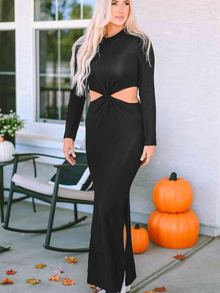 Cutout Round Neck Long Sleeve Slit Maxi Dress Shop One Place