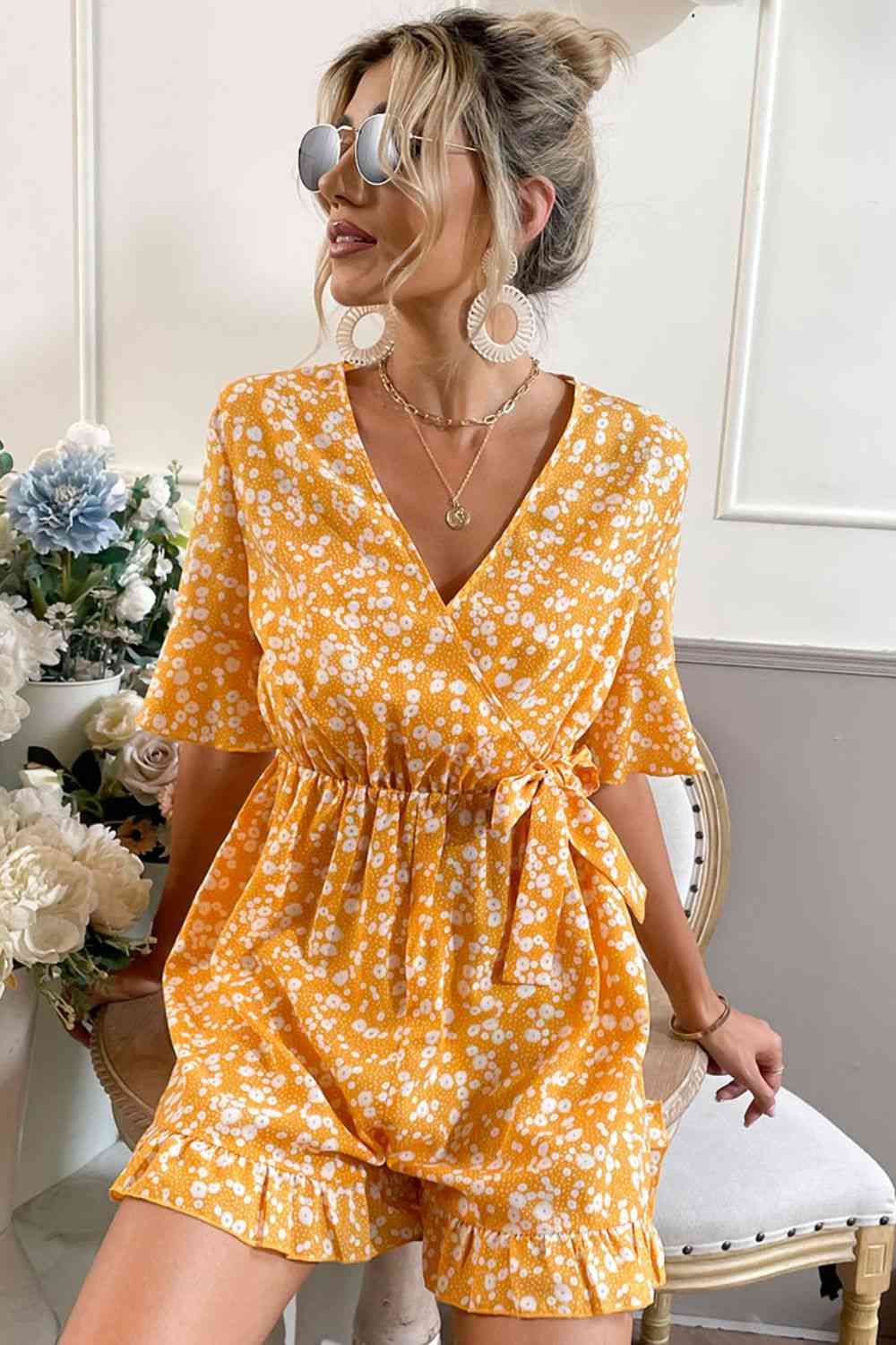 Printed Surplice Neck Ruffled Romper Shop One Place