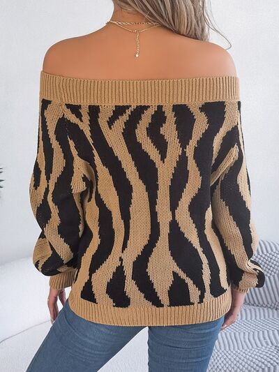 Off-Shoulder Animal Print Long Sleeve Sweater Shop One Place
