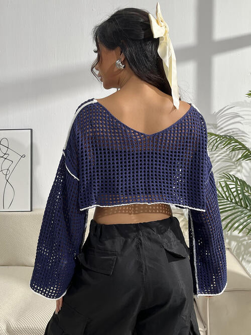 Contrast Patches Long Sleeve Cropped Knit Top Shop One Place