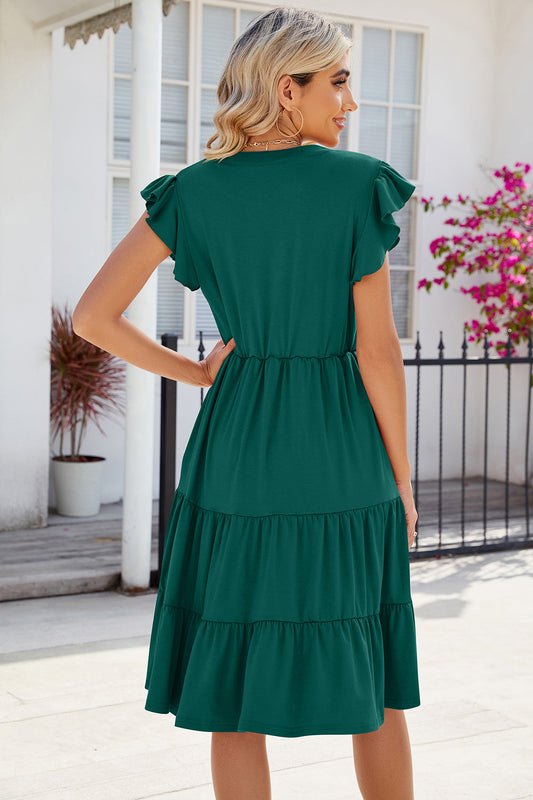 Ruched Notched Cap Sleeve Dress Shop One Place