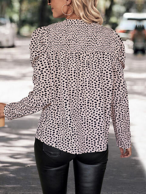 Printed Round Neck Puff Sleeve Blouse Shop One Place