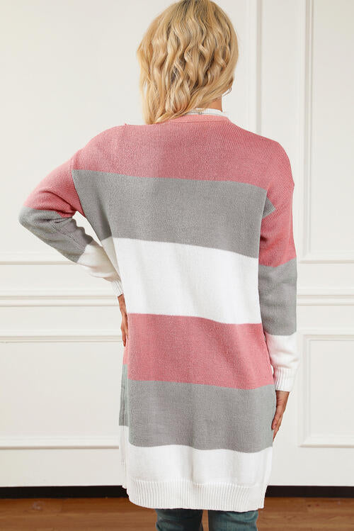 Striped Open Front Long Sleeve Cardigan Shop One Place