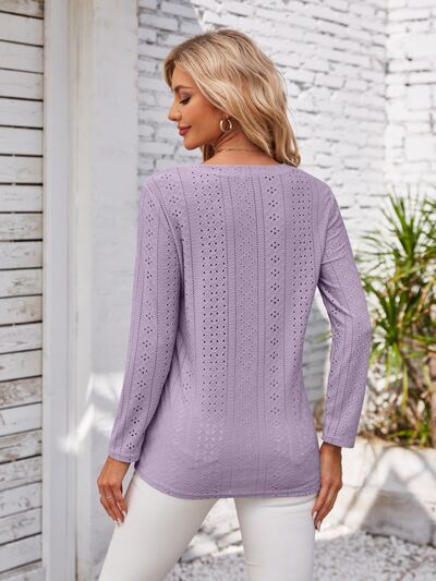 Decorative Button Openwork V-Neck T-Shirt Shop One Place