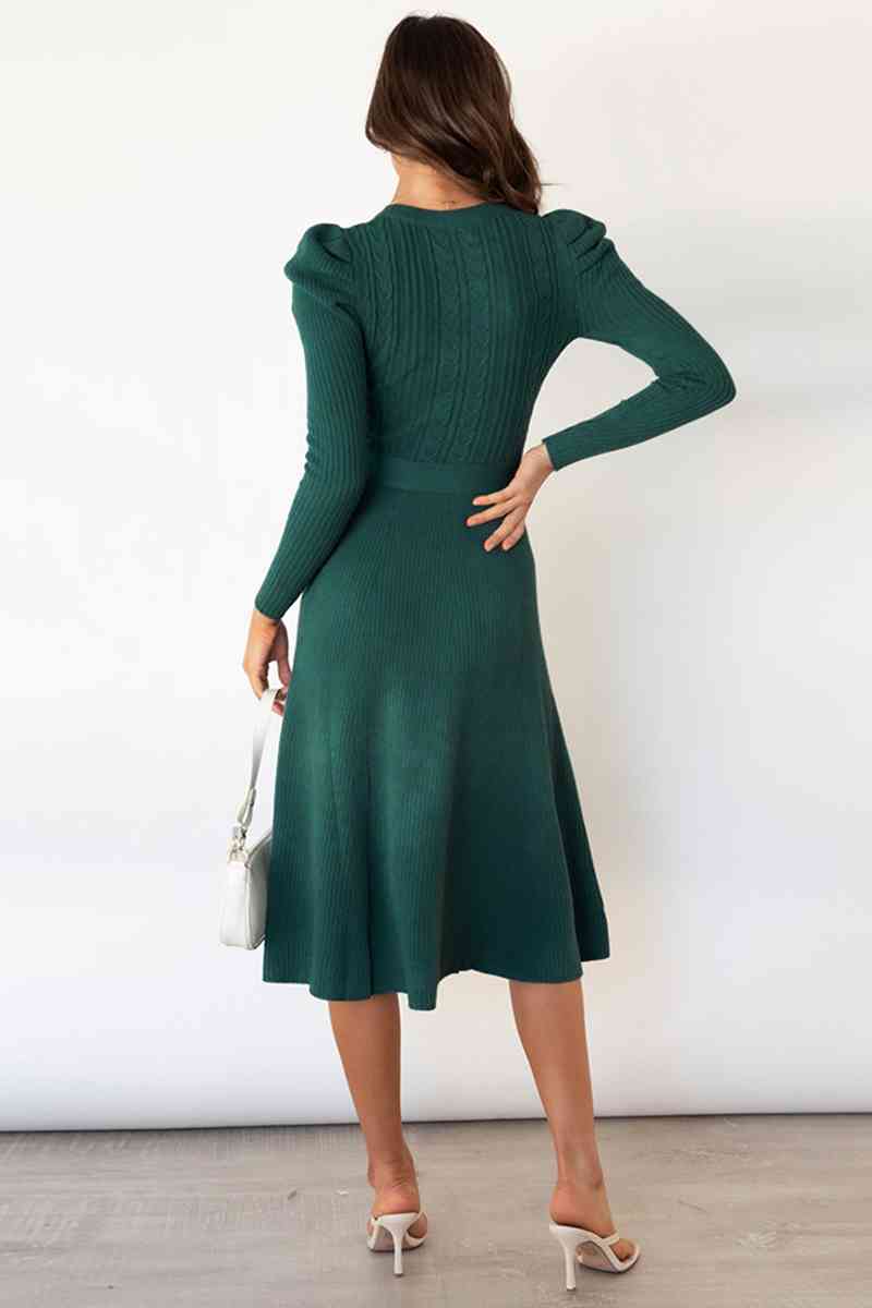 Round Neck Long Sleeve Tie Waist Sweater Dress Shop One Place