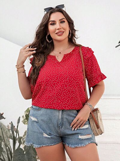 Plus Size Polka Dot Notched Flounce Sleeve Blouse Shop One Place