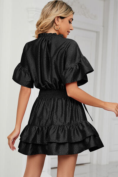 Smocked Tie Neck Flounce Sleeve Dress Shop One Place