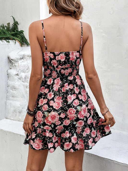Tied Rose Print Spaghetti Strap Dress Shop One Place