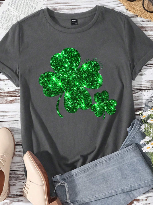 Lucky Clover Round Neck Short Sleeve T-Shirt Shop One Place