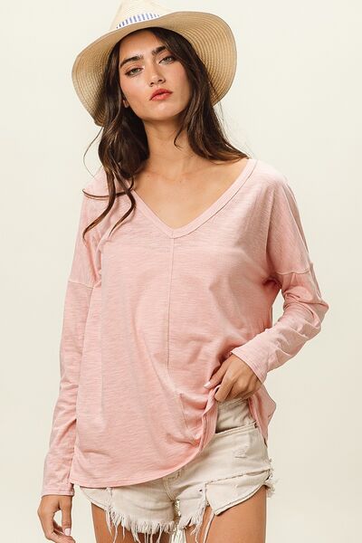 BiBi Exposed Seam V-Neck Long Sleeve T-Shirt Shop One Place