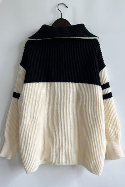 Quarter Zip Striped Dropped Shoulder Sweater Shop One Place