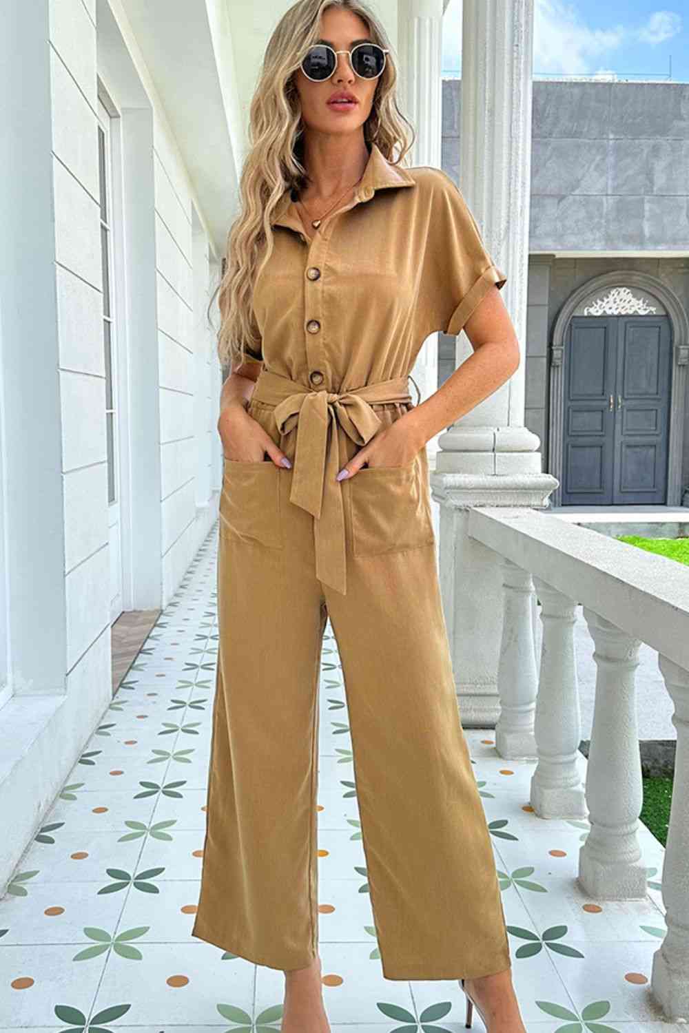 Tie Belt Buttoned Short Sleeve Collared Neck Jumpsuit Shop One Place
