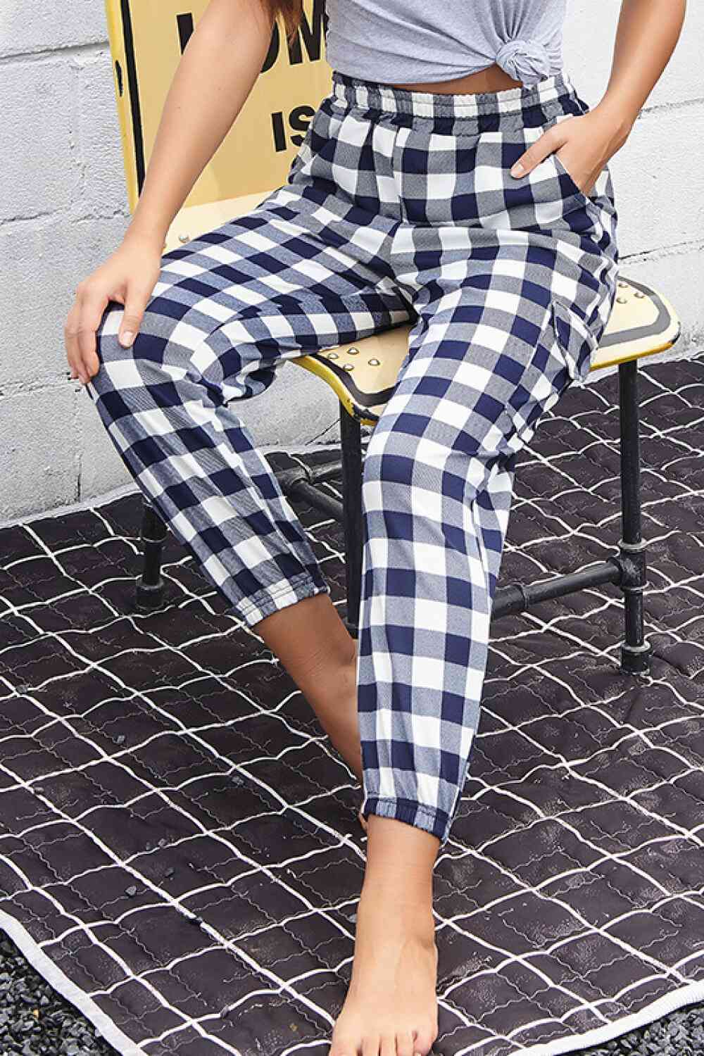 Plaid Elastic High Waist Cargo Pants Shop One Place