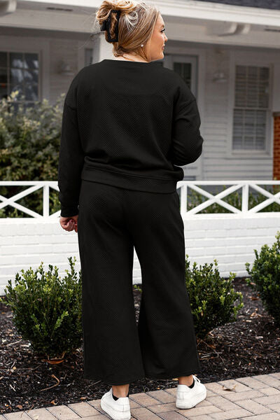 Double Take Full Size Textured Long Sleeve Top and Drawstring Pants Set Shop One Place