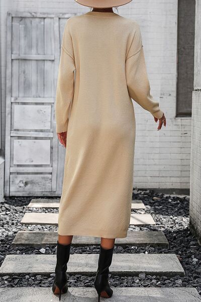 Decorative Button Notched Dropped Shoulder Sweater Dress Shop One Place
