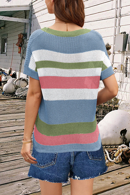 Striped Round Neck Short Sleeve Knit Top Shop One Place