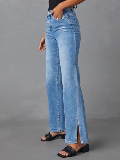 Slit Buttoned Jeans with Pockets Shop One Place