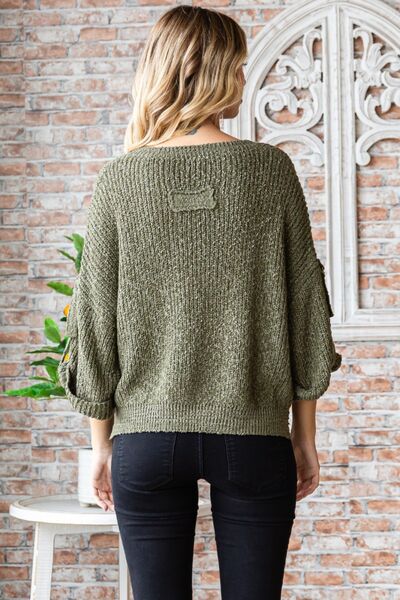 Veveret Round Neck Roll-Up Sweater Shop One Place