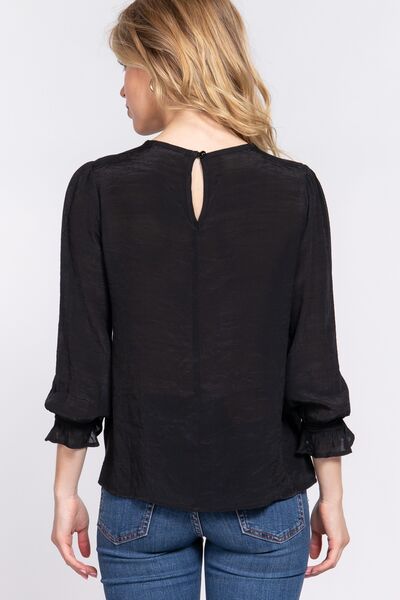 ACTIVE BASIC Crochet Lace Panel Flounce Sleeve Blouse Shop One Place