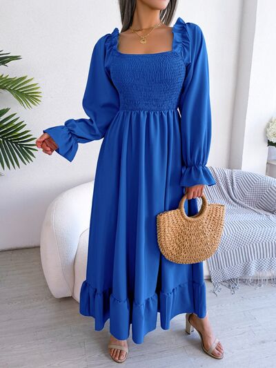 Smocked Square Neck Flounce Sleeve Dress Shop One Place