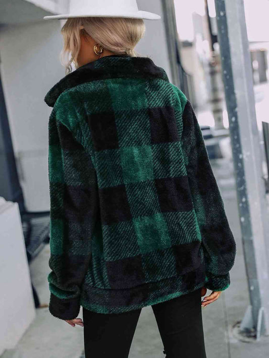 Plaid Zip-Up Collared Jacket Shop One Place