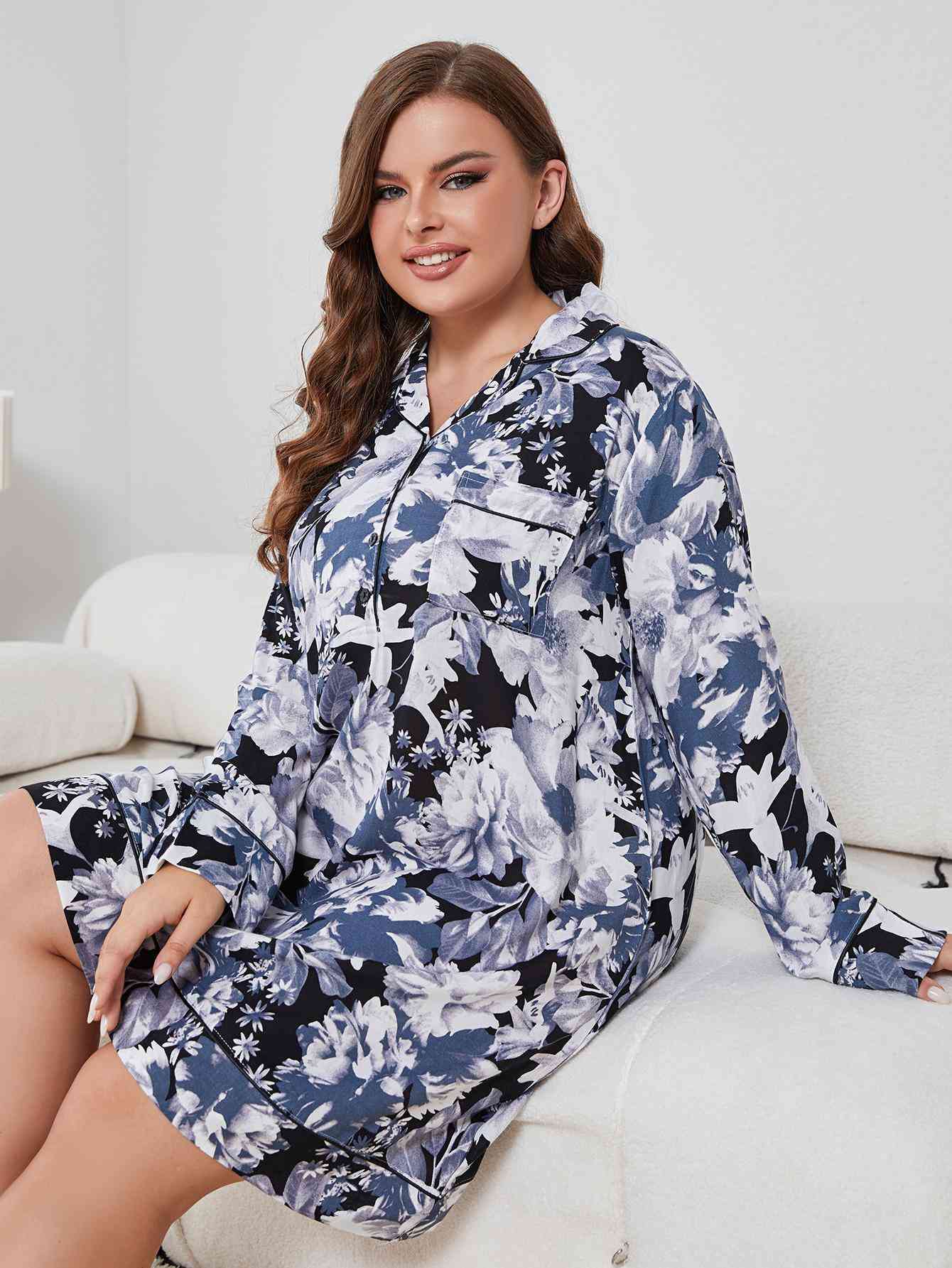 Plus Size Floral Lapel Collar Long Sleeve Night Dress Shop One Place