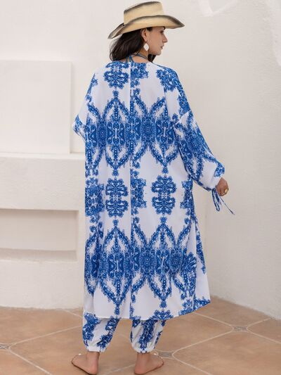 Printed Open Front Top and Pants Set Shop One Place