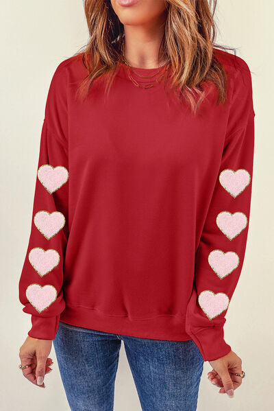 Heart Round Neck Dropped Shoulder Sweatshirt Shop One Place