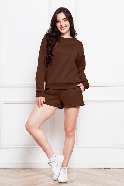 Round Neck Long Sleeve Sweatshirt and Drawstring Shorts Set Shop One Place