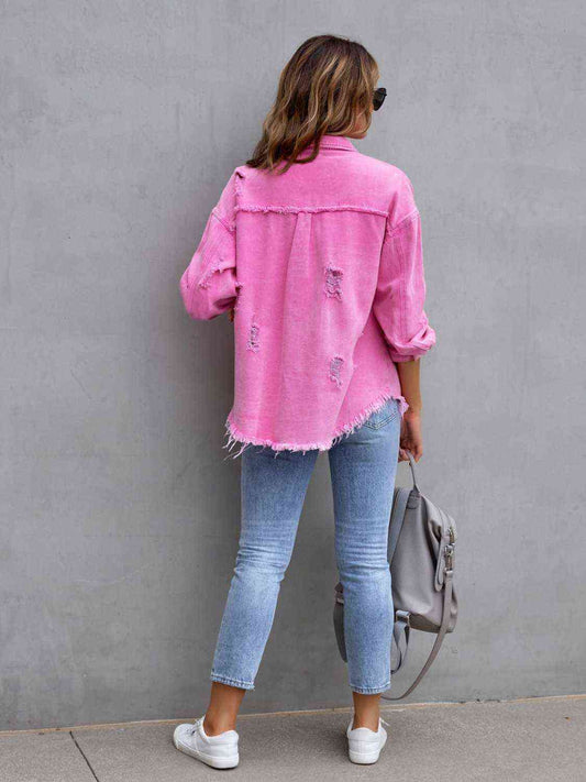 Distressed Drop Shoulder Denim Jacket Shop One Place