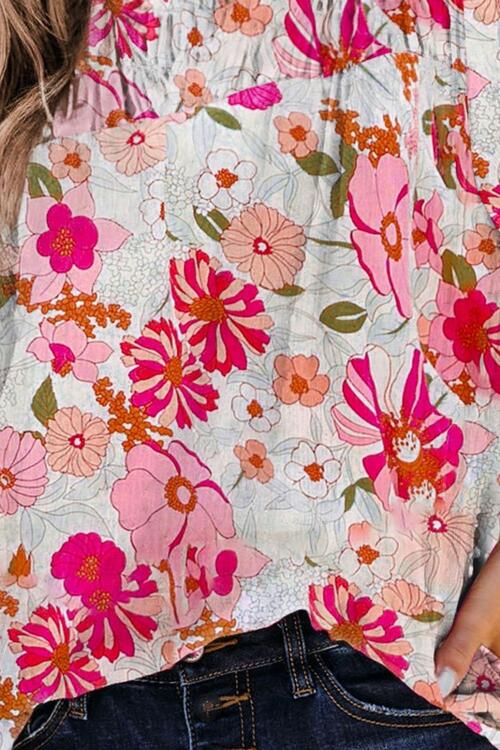 Floral Round Neck Balloon Sleeve Blouse Shop One Place