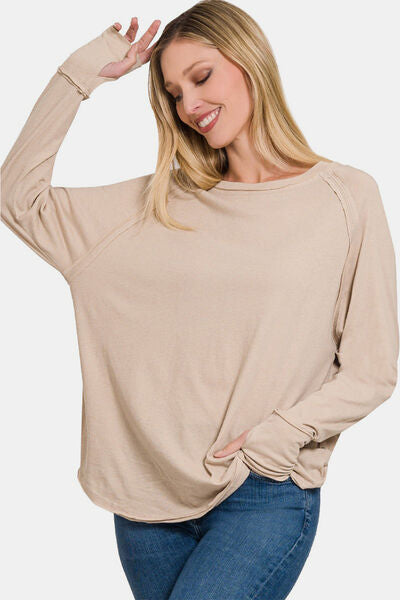 Zenana Round Neck Thumbhole Long Sleeve Top Shop One Place