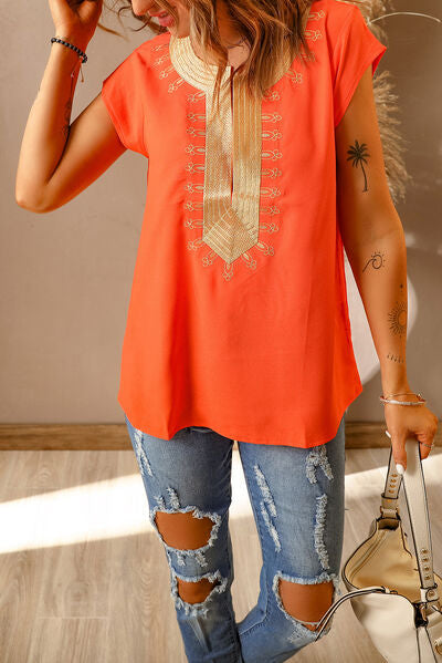 Embroidered Short Sleeve Blouse Shop One Place