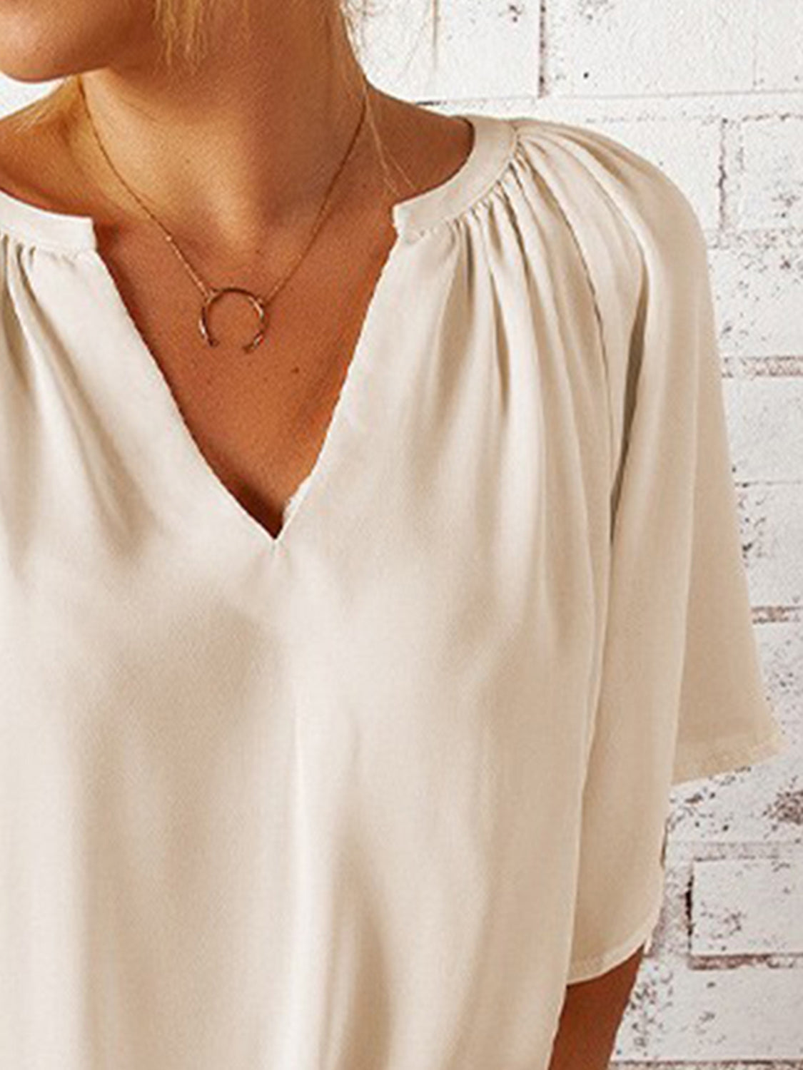 Ruched Notched Half Sleeve Blouse Shop One Place