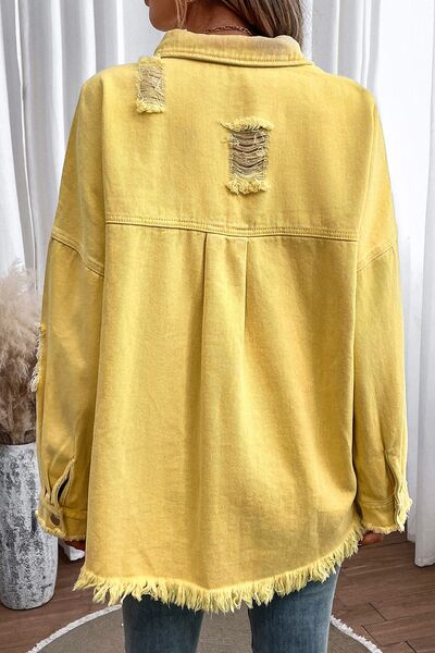 Distressed Button Up Raw Hem Denim Jacket Shop One Place