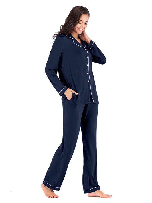 Collared Neck Long Sleeve Loungewear Set with Pockets Shop One Place