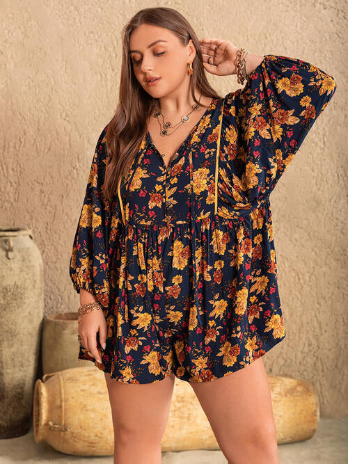 Plus Size Floral Tie Neck Balloon Sleeve Romper Shop One Place