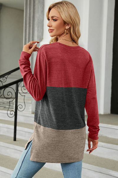 Color Block Round Neck Long Sleeve T-Shirt Shop One Place