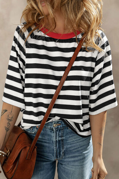 Striped Round Neck Raglan Sleeve T-Shirt Shop One Place