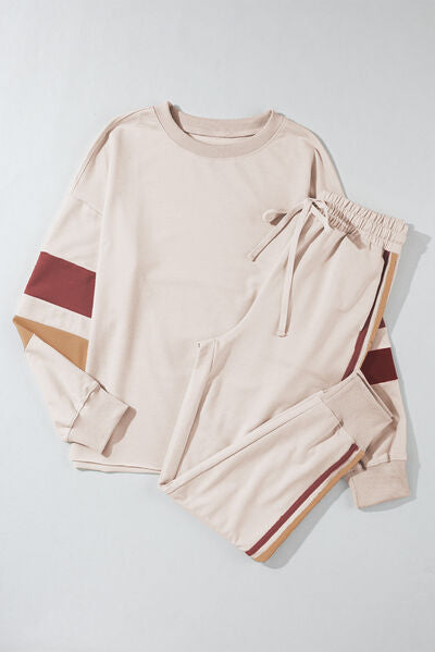 Striped Round Neck Sweatshirt and Drawstring Joggers Set Shop One Place