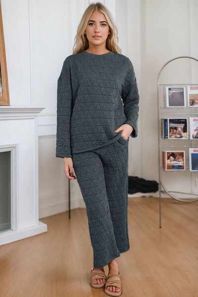 Round Neck Top and Pocketed Pants Lounge Set Shop One Place
