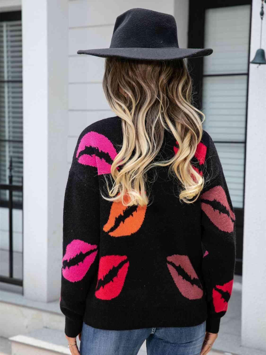 Lip V-Neck Drop Shoulder Sweater Shop One Place