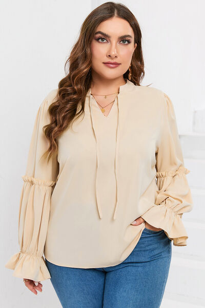 Plus Size Ruffled Tie Neck Flounce Sleeve Blouse Shop One Place