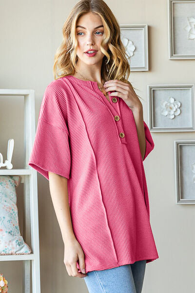 Heimish Full Size Ribbed Half Button Drop Shoulder Top Shop One Place