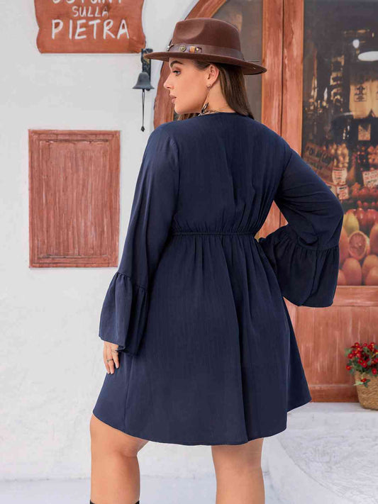 Plus Size Tie Front V-Neck Flare Sleeve Dress Shop One Place