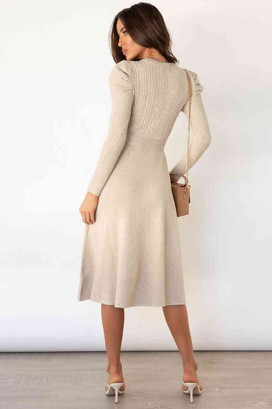 Round Neck Long Sleeve Tie Waist Sweater Dress Shop One Place