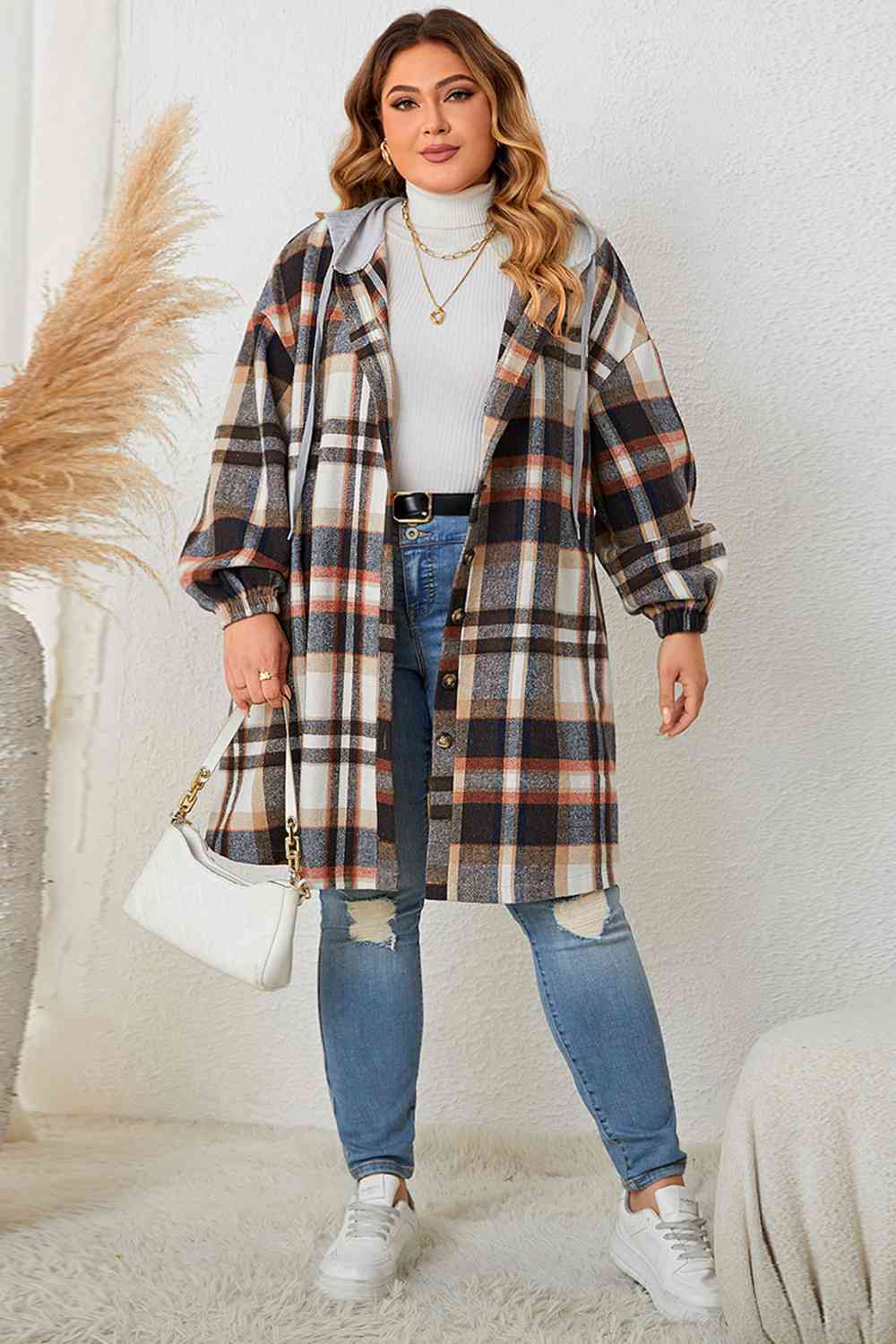 Plus Size Plaid Drop Shoulder Hooded Coat Shop One Place