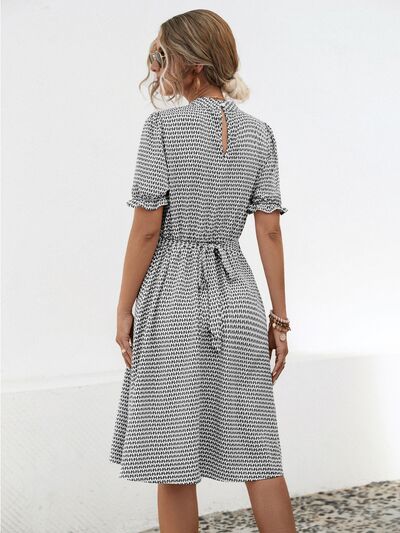 Printed Mock Neck Flounce Sleeve Dress Shop One Place
